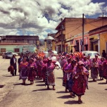 Mam Maya women parading San Miguel through the street of Quetzaltenango in the western highlands of Guatemala